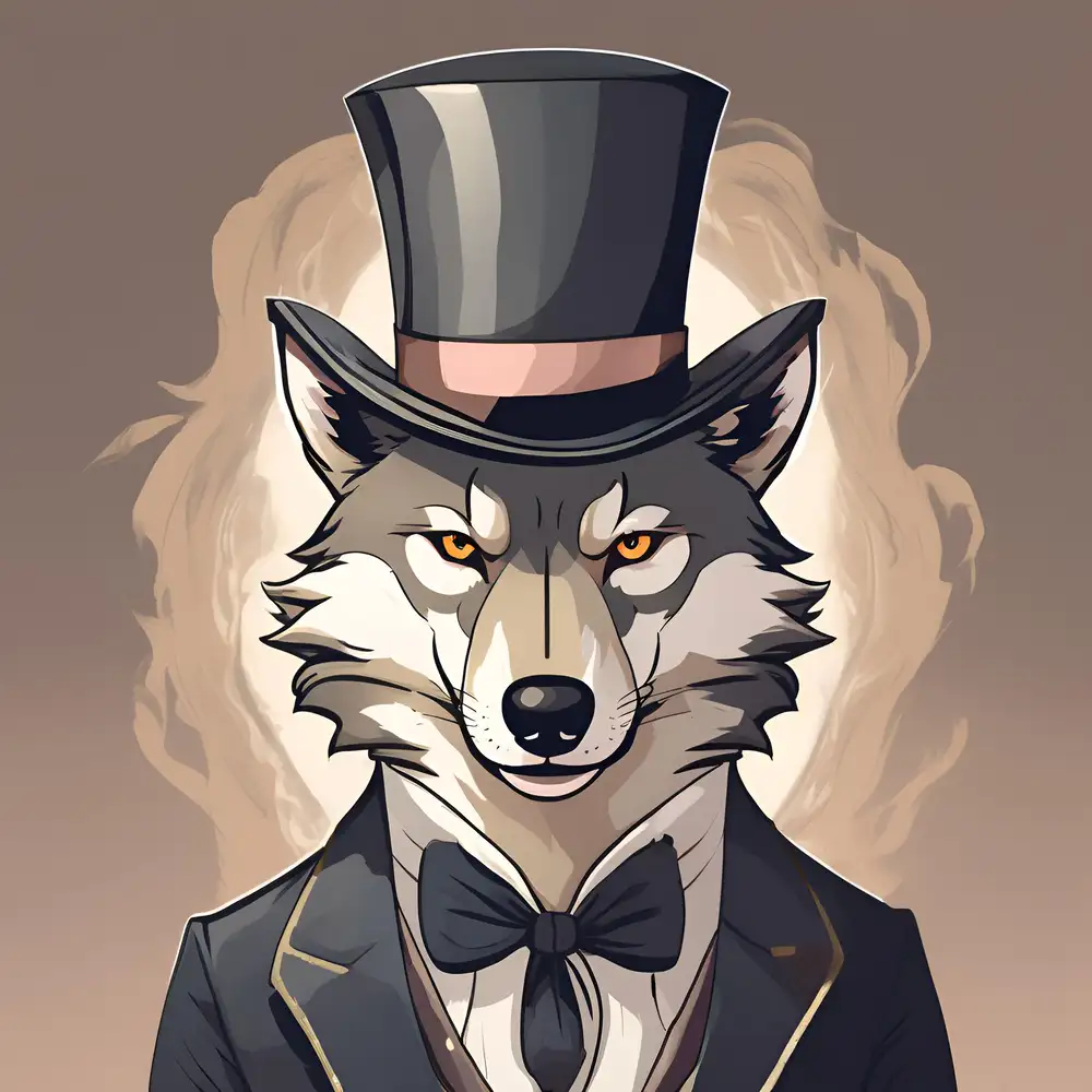 portrait d'un loup de face avec un chapeau haut de forme optim
